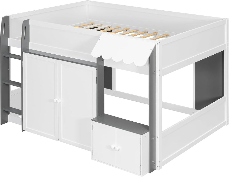 Solid Wood Full Loft Bed With PlayhouseStorageGreyFinish