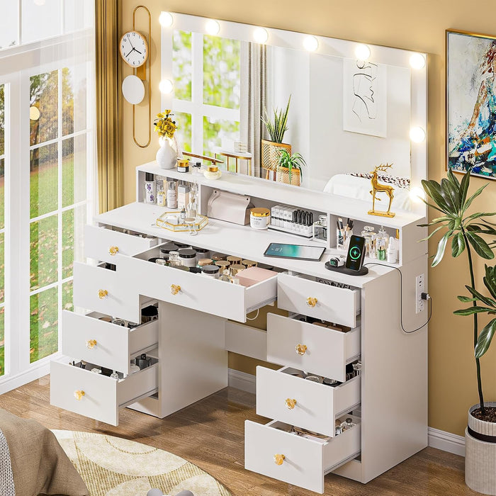 Vanity Desk with Lighted Mirror, Makeup Vanity Table with Power Outlet, 9 Drawers & Crystal Handles, 43.3” Large Vanity Desk Dressing Table for Women, Girls, Bedroom, White
