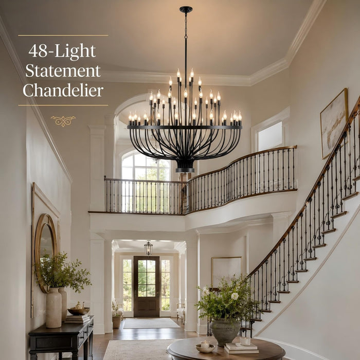 Large Chandelier for High Ceilings, 48-Light Black Wagon Wheel Chandelier, 47.2 Inch 3-Tier Extra Farmhouse Dining Room Light Fixture for Foyer, Living Room, Entryway