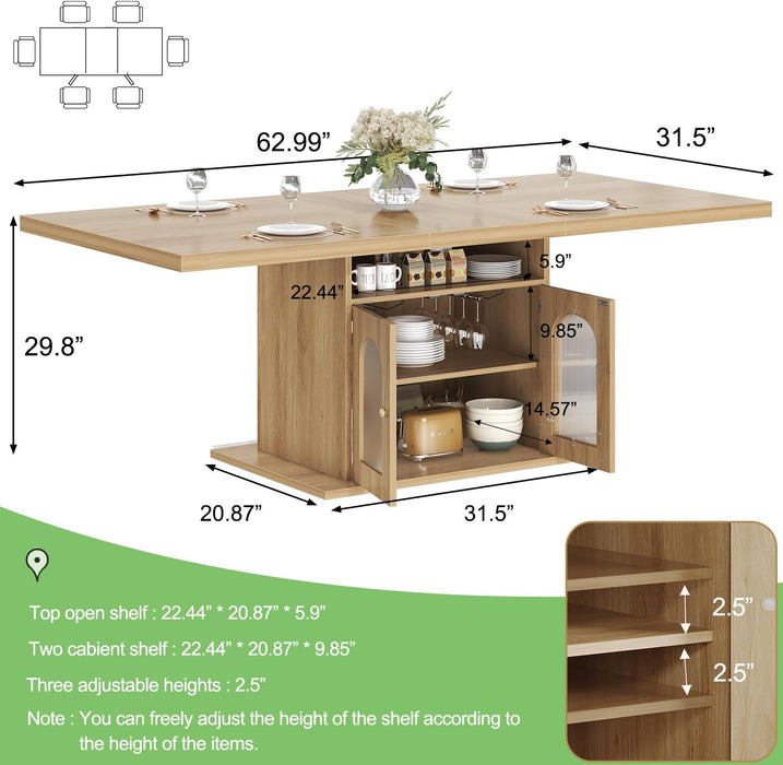 Dining Table for 4–6, 63 Inch Wood Farmhouse Kitchen Table with 3-Tier Storage Shelf and Acrylic Door Cabinet, Rectangular Modern Dining Room Dinner Table for Apartment Home Small Space, Light Oak