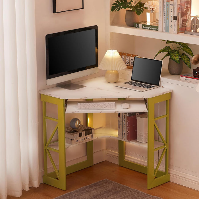 Corner Computer Desk 41 X 30 Inches with Smooth Keyboard & Storage Shelves for Home Office Workstation,White & Gold