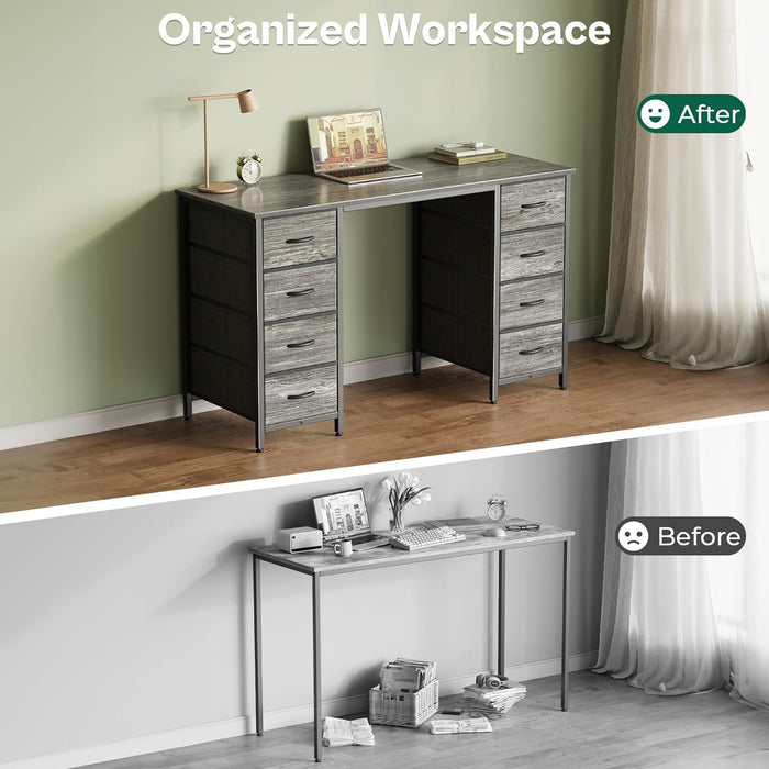 47 Inch Computer Desk with 8 Drawers, Office Desk Work Desk for Home Office, Study, Gaming Desk with Fabric Drawers, Large Storage, Grey