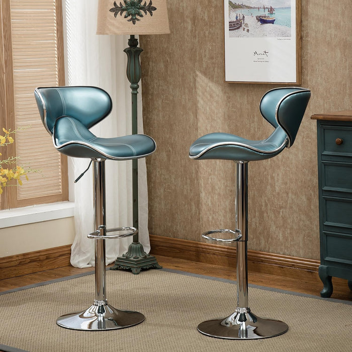Masaccio Cushioned Leatherette Upholstery Airlift Adjustable Swivel Barstool with Chrome Base, Set of 2, Blue