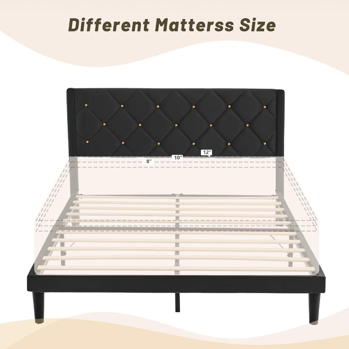 Full Size Platform Bed Frame with Velvet Headboard
