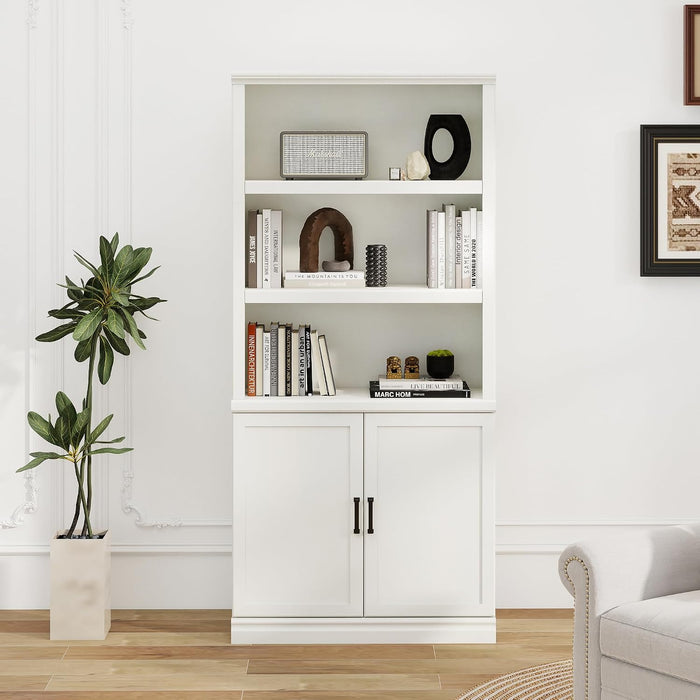 5 Shelf Tall Bookcase with Doors White Bookshelf 31In Wide Display Standing Storage Shelf 72In Tall Wood Book Shelves for Bedroom Living Room Office Library