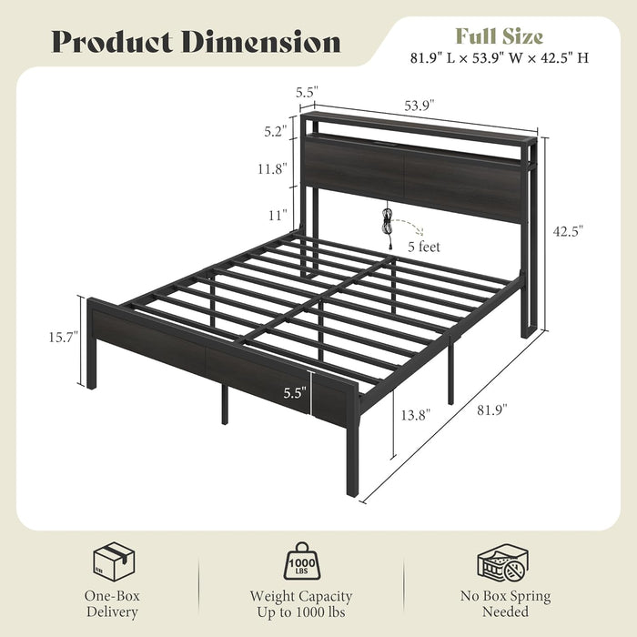 Full Size Bed Frame with Storage Headboard & Charging Station, Industrial Metal Platform Bed with Large Under-Bed Storage, Heavy Duty Slats, No Box Spring Needed, Black