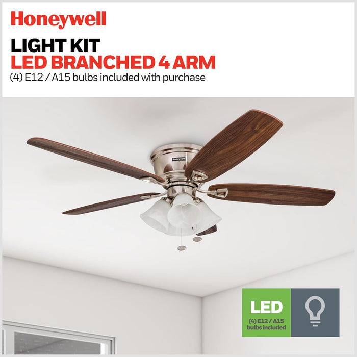 Ceiling Fans Glen Alden, 52 Inch Classic Flush Mount Indoor LED Ceiling Fan with Light, Pull Chain, Quick-2-Hang Dual Finish Blades, Reversible Motor - 50182 (Brushed Nickel)