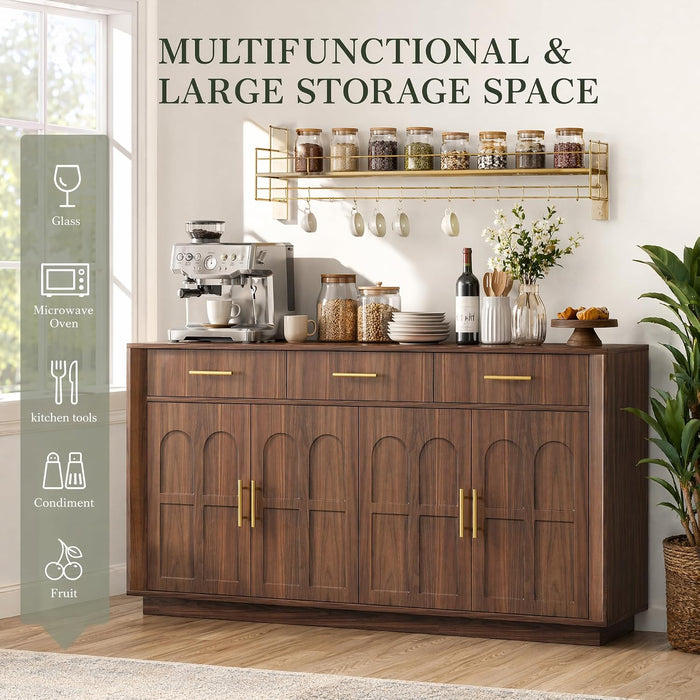 59" Sideboard Buffet Cabinet, 3 Drawers, 4 Doors, Walnut | Modern Coffee Bar Cabinet with Gold Handles, Long Sideboard Buffet Table for Kitchen