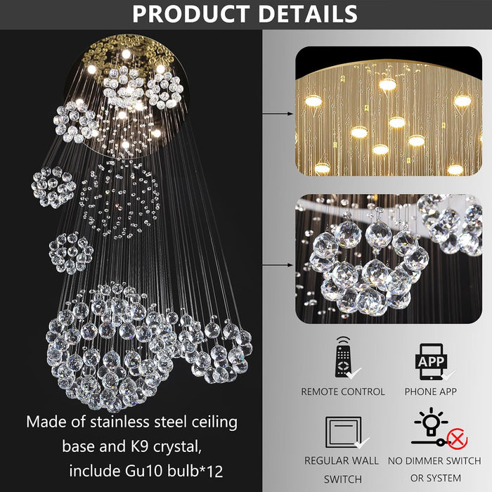 D32 X H100 Modern Large Chandelier for Foyer Glam Chandelier Raindrop Crystal Chandeliers LED Dimmable High Ceiling Light Fixtures for Staircaes Hallway Entryway Gold