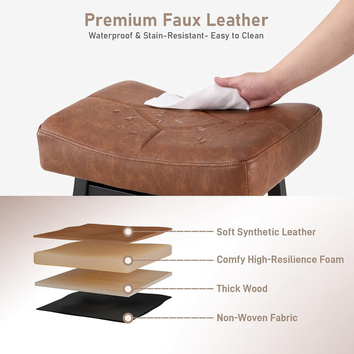 Counter Height Bar Stools Set of 3, 24 Inch Barstools for Kitchen Island | Heavy Duty Metal Base with 4 Inch High-Density Foam Faux Leather Saddle Seats, Kichen Home Bar Dining Room, Brown