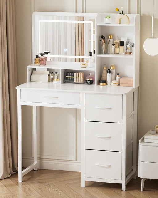 Vanity Desk with Mirror and Lights - Large Capacity Makeup Vanity with 4 Fabric Storage Drawers & 3 Lighting Modes, Vanity Table Set with Sturdy Metal Frame for Bedroom, White, 35" X 17" X 52"