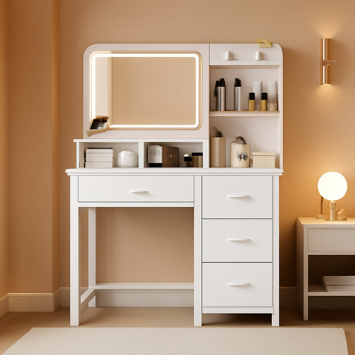 Vanity Desk with Mirror and Lights - Large Capacity Makeup Vanity with 4 Fabric Storage Drawers & 3 Lighting Modes, Vanity Table Set with Sturdy Metal Frame for Bedroom, White, 35" X 17" X 52"