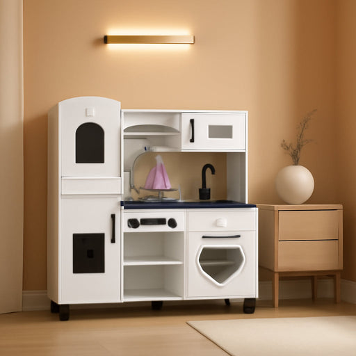 Wooden Kitchen Playset for Toddlers - Kitchen Toy Set with Lights & Sounds for Pretend Play, Gift for Kids Age 3+ (White)