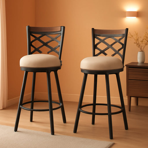 Swivel Bar Stools Set of 2, 25/30 Inch Adjustable Beige Fabric Bar Chairs with Antique Brass Frame, Mid-Century Counter Barstools with Back for Kitchen Island