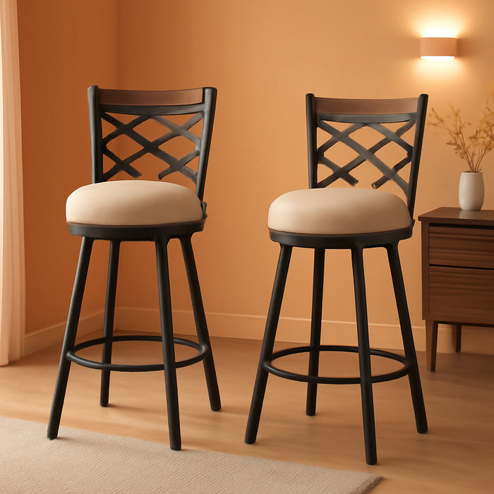 Swivel Bar Stools Set of 2, 25/30 Inch Adjustable Beige Fabric Bar Chairs with Antique Brass Frame, Mid-Century Counter Barstools with Back for Kitchen Island