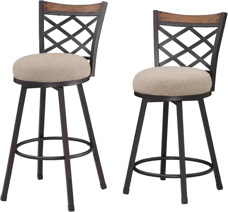 Swivel Bar Stools Set of 2, 25/30 Inch Adjustable Beige Fabric Bar Chairs with Antique Brass Frame, Mid-Century Counter Barstools with Back for Kitchen Island