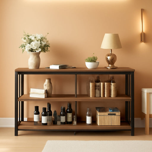 Low Book Shelf, Industrial Horizontal Bookcase, Rustic Brown, 47 Inch | Farmhouse 3 Tier Open Bookshelf, Long Wide 5 Cube Storage Organizer, Wood Metal Cubby Bookcase for Bedroom Living Office
