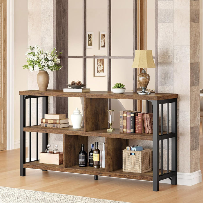 Low Book Shelf, Industrial Horizontal Bookcase, Rustic Brown, 47 Inch | Farmhouse 3 Tier Open Bookshelf, Long Wide 5 Cube Storage Organizer, Wood Metal Cubby Bookcase for Bedroom Living Office