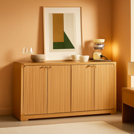 59" Fluted Buffet Cabinet Sideboard with Ample Storage, Natural Oak | Adjustable Shelves, Soft-Close Hinges, Anti-Tip Device, Thick Sturdy Panels, Rounded Edge, Sturdy Structure, Easy Assembly