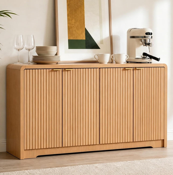 59" Fluted Buffet Cabinet Sideboard with Ample Storage, Natural Oak | Adjustable Shelves, Soft-Close Hinges, Anti-Tip Device, Thick Sturdy Panels, Rounded Edge, Sturdy Structure, Easy Assembly