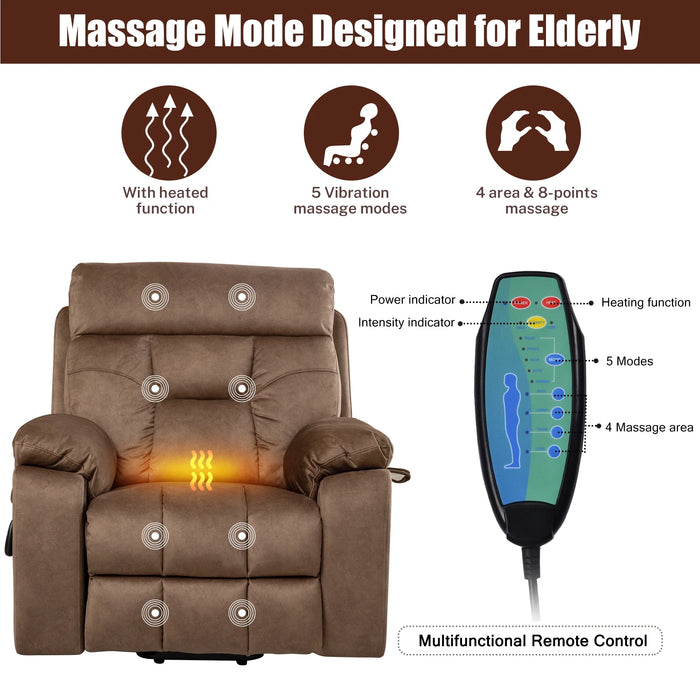 Oversized Electric Massage Lift Chair, Large Power Lift Recliner with Heat Therapy, Fabric Reclining Sofa with Remote, Hidden Cup Holder and Side Pocket for Elderly Seniors, Antique Brown