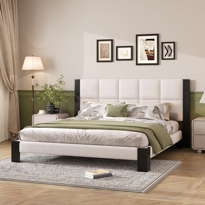 King Size Boucle Bed Frame with Square-Stitched Upholstered Headboard, Solid Wood Platform with Wood Slats, No Box Spring Needed, Beige and Black, Easy Assembly