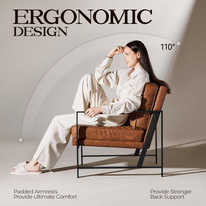 PU Leather Armchairs, Retro Leisure Accent Chair with Extra Soft Padded and Cushion, 105 Degree Slant Back, Modern Reading Arm Chair for Living Room/Office/Bedroom/Study, 2Pcs, Light Brown