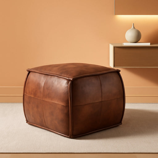 Leather Ottoman,Handmade Stuffed Square Ottoman,Genuine Leather Pouf, Foot Rest Pouf,Comfortable Soft Seating for Living Room & Bedroom (Brown, Square)