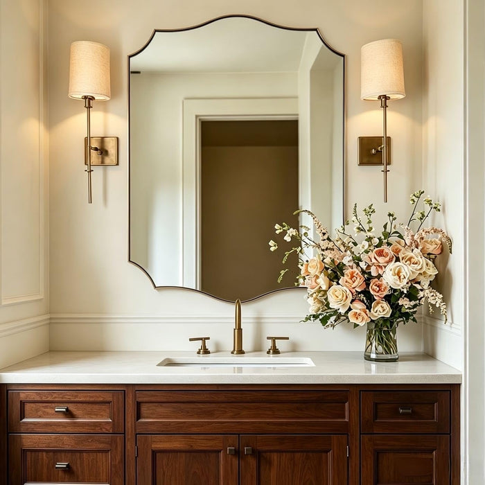 30"X40" Brushed Gold Bathroom Mirror, Large Rectangle Scalloped Mirror, Antique Brass Mirror in Rust-Proof Stainless Steel 1" Frame, Unique Wavy Design, Ideal for Home Remodel
