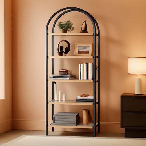 Arched Bookshelf, 5-Tier Industrial Tall Bookcase with X-Back Support and Adjustable Feet, Modern Open Display Storage Shelf with Gray Wood Shelves for Home Office, Study | X-Back Support, Adjustable Feet, MDF Material, Arched Top Design, Modern Home Office Decor, 30Lb Shelf Load