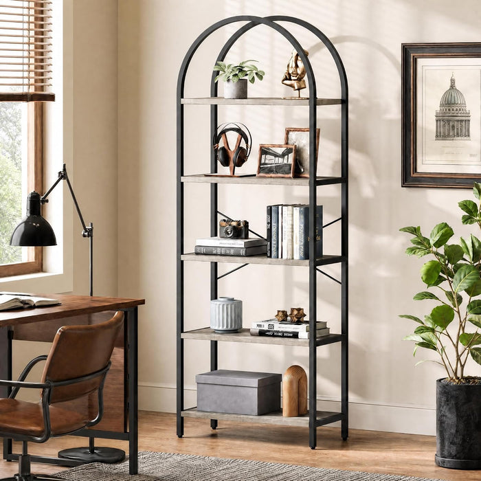 Arched Bookshelf, 5-Tier Industrial Tall Bookcase with X-Back Support and Adjustable Feet, Modern Open Display Storage Shelf with Gray Wood Shelves for Home Office, Study | X-Back Support, Adjustable Feet, MDF Material, Arched Top Design, Modern Home Office Decor, 30Lb Shelf Load