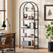 Arched Bookshelf, 5-Tier Industrial Tall Bookcase with X-Back Support and Adjustable Feet, Modern Open Display Storage Shelf with Gray Wood Shelves for Home Office, Study | X-Back Support, Adjustable Feet, MDF Material, Arched Top Design, Modern Home Office Decor, 30Lb Shelf Load