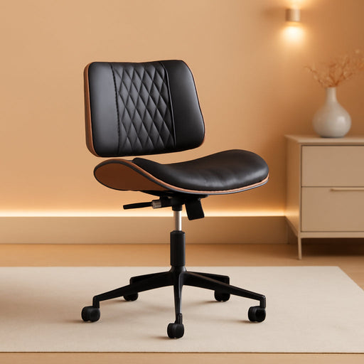 Home Office Chair No Arms with Wheels, Adjustable Height Small Desk Chair, PU Leather Mid Back 360 Swivel Computer Chair, Armless Modern Walnut Chair for Office, Reading Meeting Room(Black)