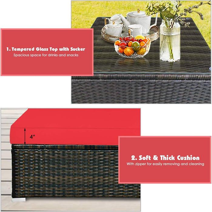 5-Piece Patio Conversation Set - Outdoor PE Rattan Furniture Set W/Glass Coffee Table, Back & Seat Cushions, Soft Pillows, Sectional Sofa Set for Porch, Backyard (Red)