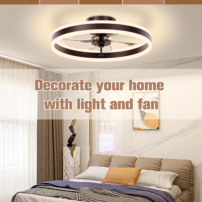 Low Profile Ceiling Fans with Lights and Remote, 19.7In Flush Mount Ceiling Fans with Light, 3000K-6500K Dimmable Fandelier LED Fan Light, Brown Bladeless Ceiling Fans with Lights for Bedroom