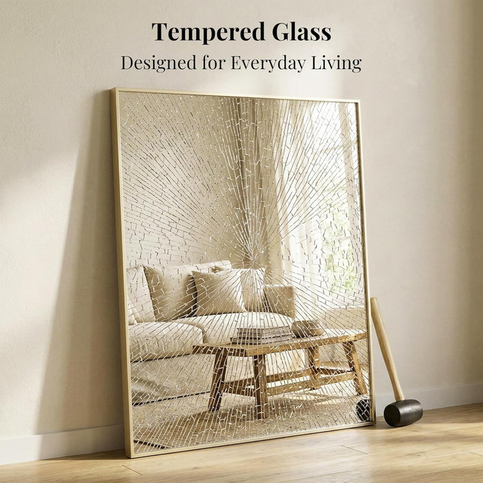40"X30" Gold Bathroom Mirror for Wall, Shatterproof Tempered Glass, Brass Tone Rectangle Narrow Frame, H/V Wall-Mounted, Ultra-Flush