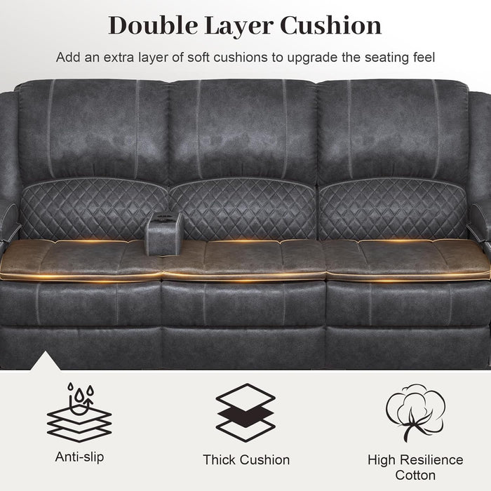 3-Seater Recliner Sofa, Manual Reclining Couch with Multi-Functional Middle Seat, Reclining Sofa for Living Room with Hidden Storage Space, Cup Holders, and Removable Console - Grey