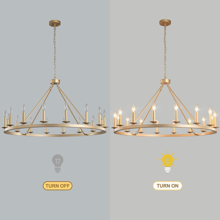 Gold Wagon Wheel Chandelier 40-Inch 16-Light,Extra Large Circle Rustic Farmhouse Light Fixture,Round Metal Chandeliers for Foyer Entryway Dining Room Living Room High Ceilings (E12 Base)