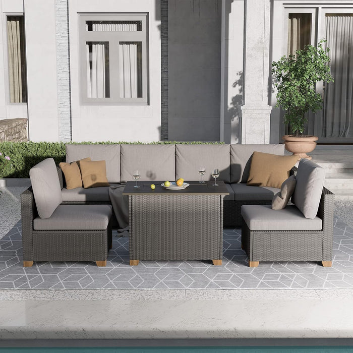 5 Pieces Wicker Outdoor Furniture Set,Patio Furniture Set with CSA Certification Fire Pit Table,Modular Sectional Sofa Sets with Olefin Cushions, 50,000 BTU Heat Output (Light Gray)