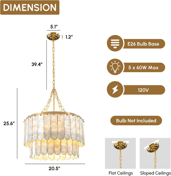 5-Light Chandelier Shell 2 Tiered Faceted Gold Chandeliers for Dining Room Modern Pendant Lighting