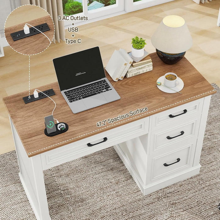 Farmhouse 47" Executive Desk, Computer Desk with Drawers and File Drawer, Workstation Computer Desk with Charging Station for Home Office,Study,Unique White.
