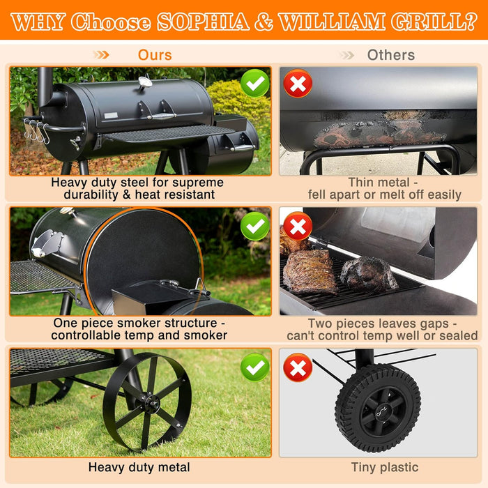 Heavy-Duty Charcoal Outdoor Smoker Grills, Extra Large Offset Smoker (941 SQ.IN. Cooking Area), Charcoal Grill & Smoker Combo for BBQ Patio Cooking