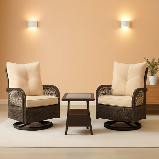 3 Piece Patio Set, Outdoor Swivel Rocker Patio Chairs with Thick Cushions and Glass Table for Balcony Front Porch Poolside Garden Deck, Beige