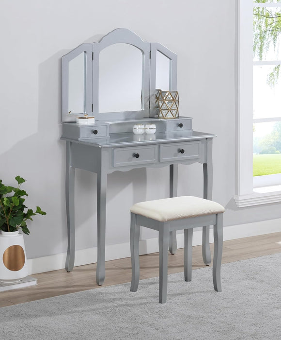 Handcrafted Silvered Wooden Vanity With Mirror Stool