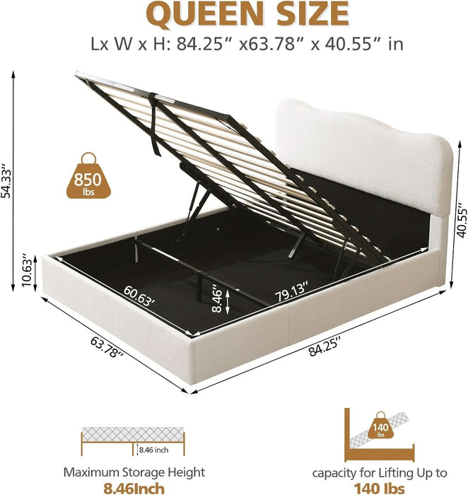 Queen Size Lift-Up Storage Bed, Upholstered Boucle Bed with Curved Headboard, Rounded Corners, Sturdy Wooden Slat Support, No Box Spring Needed, Easy Assembly, Cream White