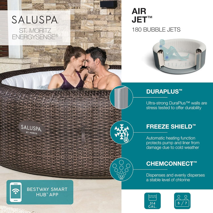 Saluspa St Moritz Airjet 5 to 7 Person Inflatable Hot Tub round Portable Outdoor Spa with 180 Airjets and Energysense Energy Saving Cover