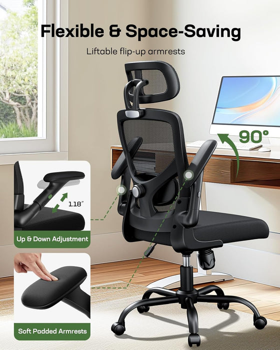 Ergonomic Mesh Office Chair High Back Desk Chair Adjustable Lumbar Support with Headrest Flip-Up Liftable Arms Swivel Computer Task Chair for Big and Tall People