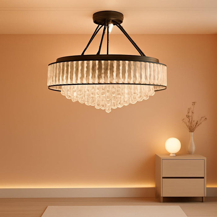 6-Light Modern Large Crystal Chandelier Black Metal E26 Semi Flush Mount round Light Fixture Ceiling Lamp Farmhouse for Dining Living Room Laundry Foyer Kitchen Balcony Bedroom