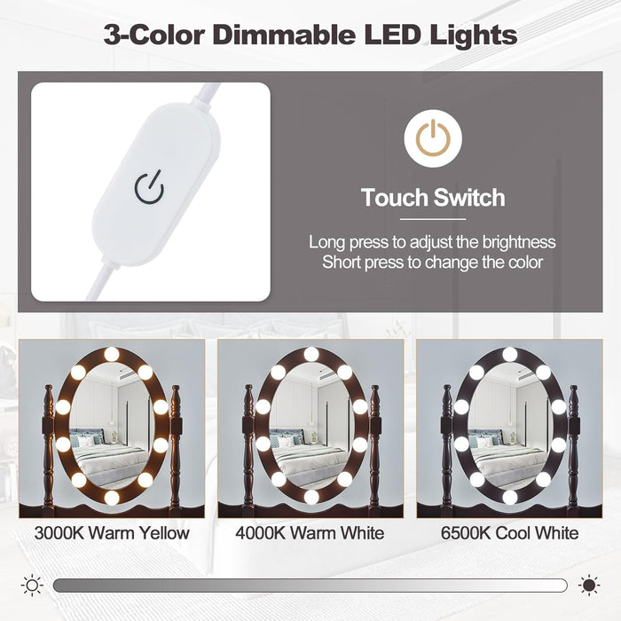 Girls Vanity Table with Lighted Mirror and Stool, 10 Dimmable LED Lights, 3 Color Lighting Modes, 4 Drawers, Rose-Shaped Handle, Bedroom Dressing Makeup Vanity Desk Set (Espresso)