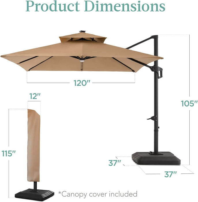 10X10Ft Cantilever Patio Umbrella W/Base Included, Solar LED Lights 360 Rotation Large Offset Hanging Outdoor Shade for Deck Pool Backyard W/Stand – Tan